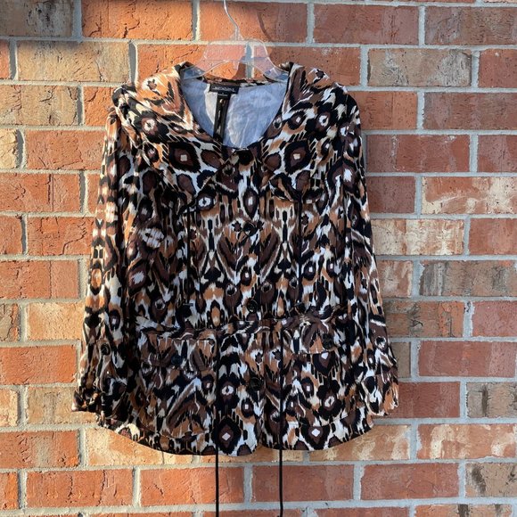 LAST CHANCE  Jacket Blazer Size Large Brown Black White Pattern Tie Waist Collar - Picture 9 of 9